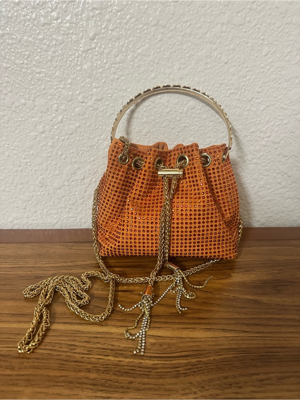Orange Crystal-Embellished Bucket Bag with Gold Chain Handle